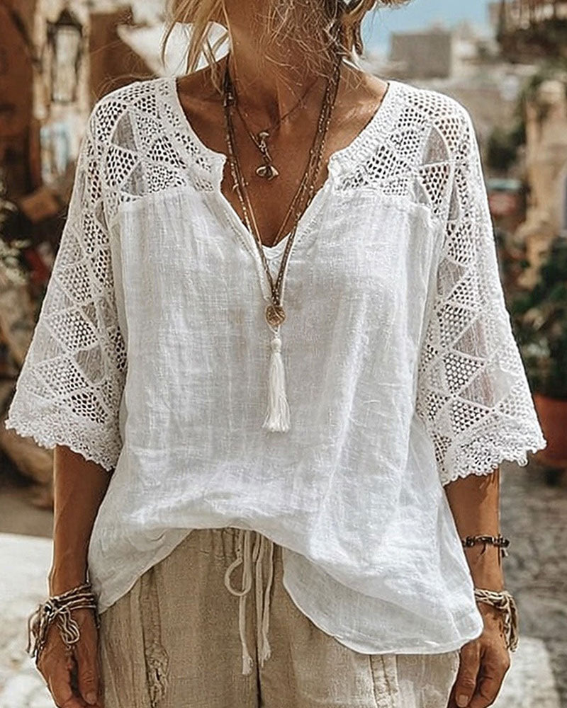 Essien - V Neck Lace Sleeve Loose Fit Blouse