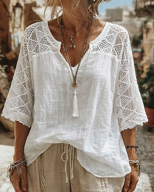 Essien - V Neck Lace Sleeve Loose Fit Blouse