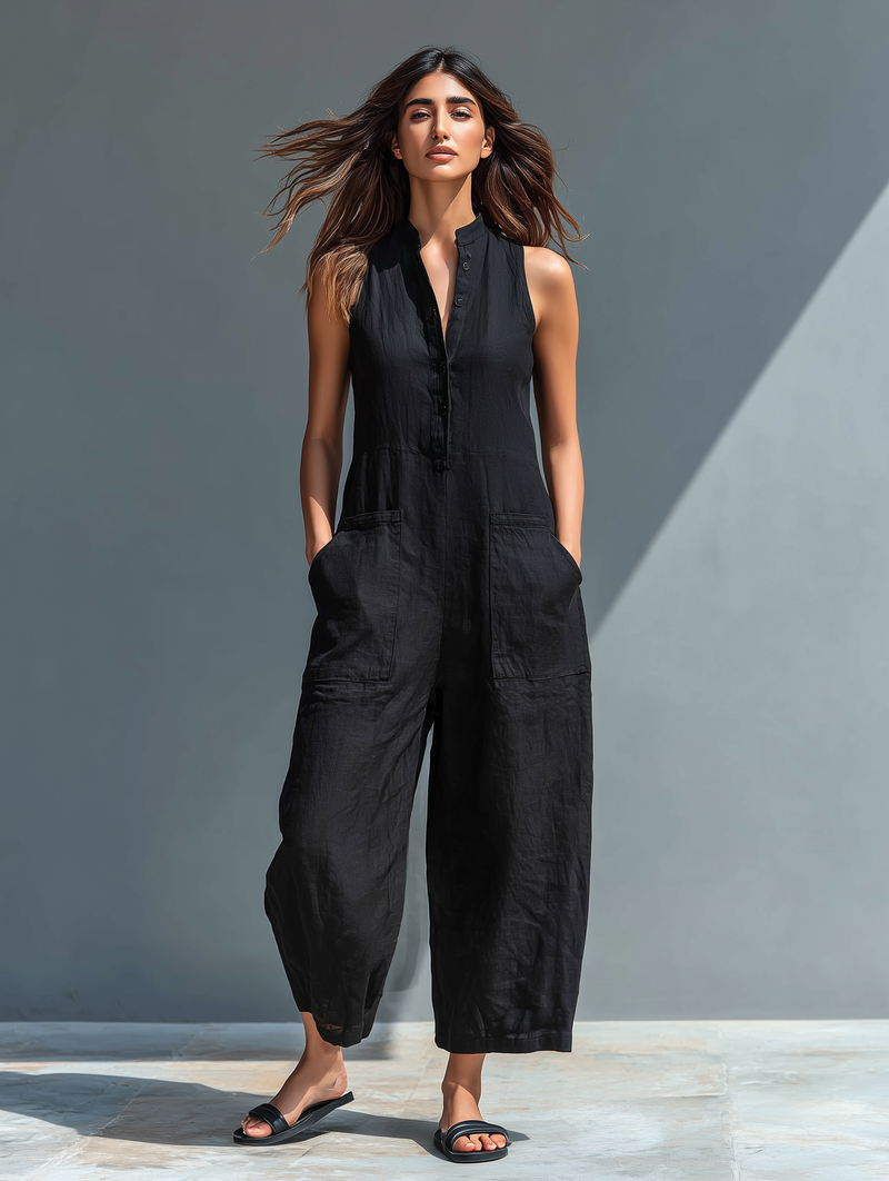 Darja | Sleeveless Wide Leg Button Jumpsuit