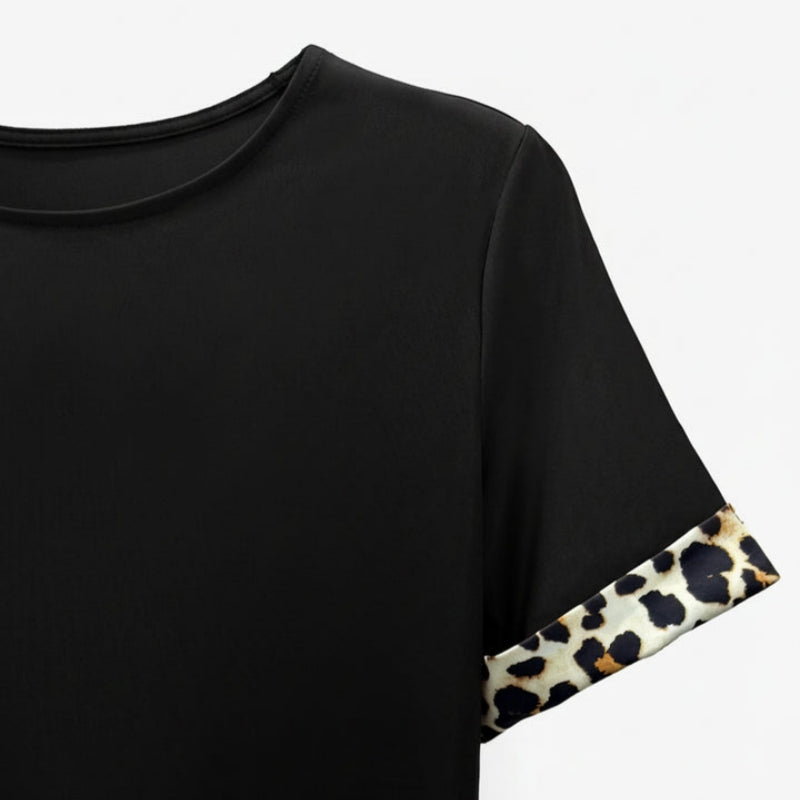 Leoza | Dress Black Short Sleeve Leopard Trim