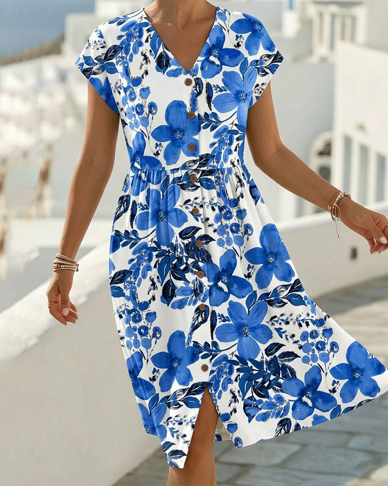 Sinera - Floral Print Short Sleeve Midi Dress
