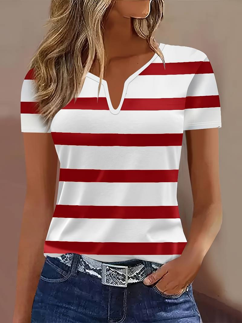 Kiley | Striped Split Neck Short Sleeve T-Shirt