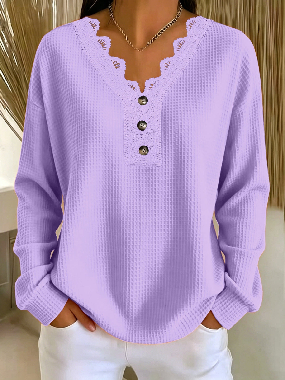 Brigeaia | Long Sleeve Lace Top with Button Front
