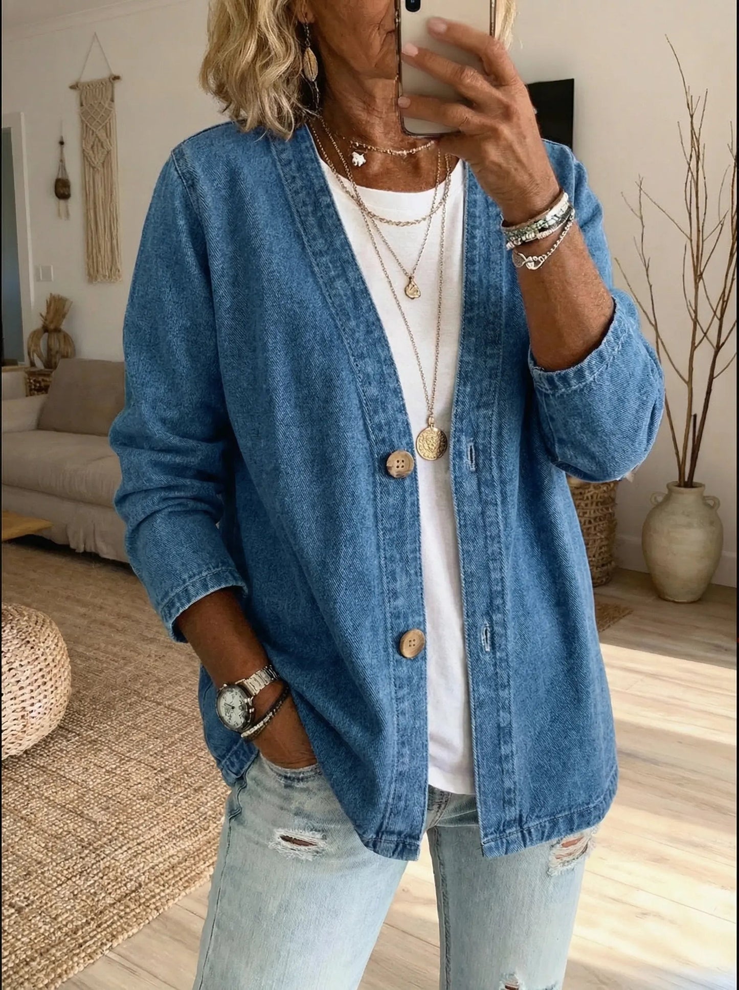 Helama | V Neck Button Front Denim Jacket