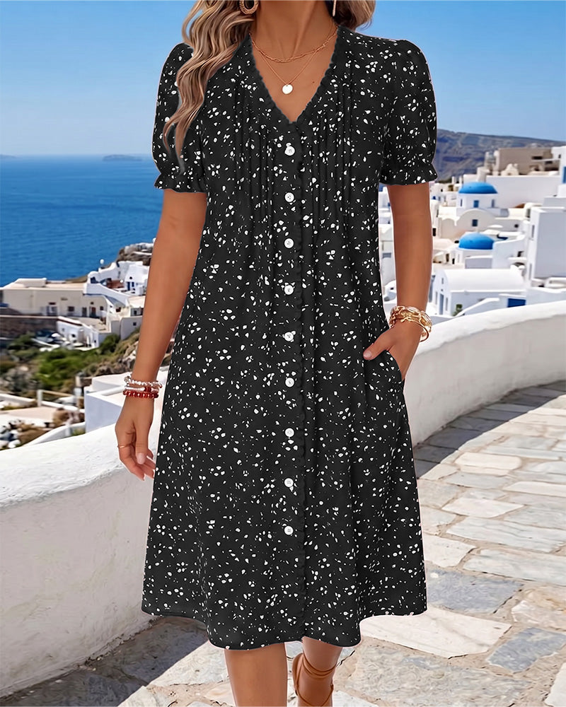 Dayma | Printed V Neck Button Front Dress