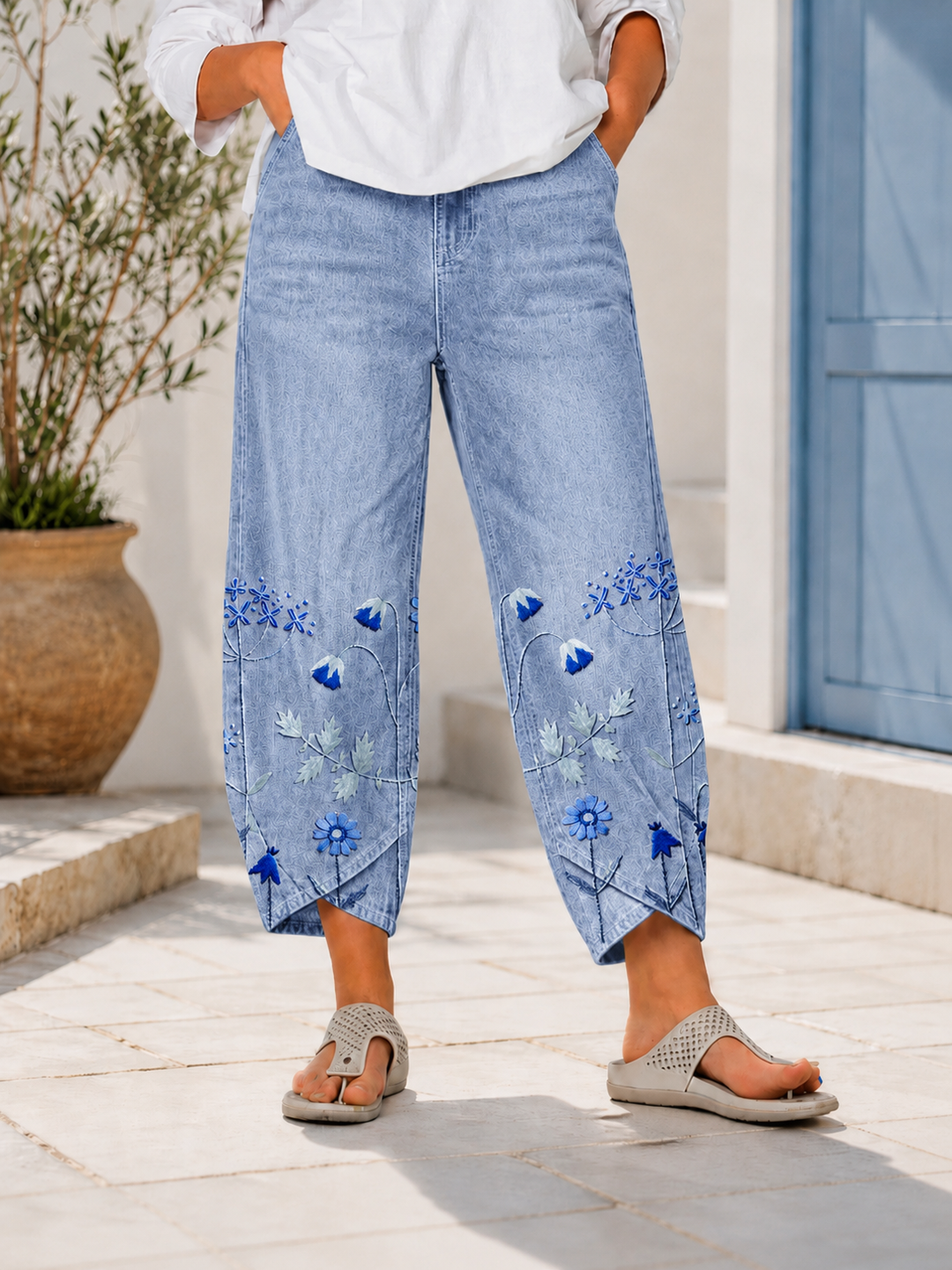 Selcen | Floral Embroidered Cropped Wide Leg Trousers