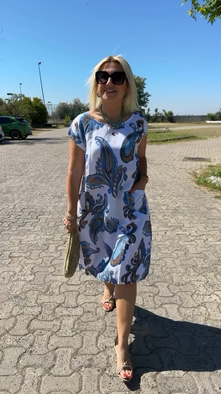 Hazal | Printed Midi Dress Short Sleeve Pockets