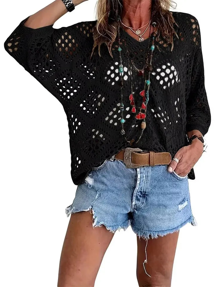 Raissa - Knitted V Neck Openwork Beach Top