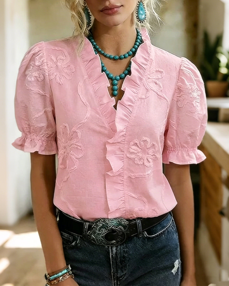 Lillynn | V Neck Ruffle Trim Puff Sleeve Blouse
