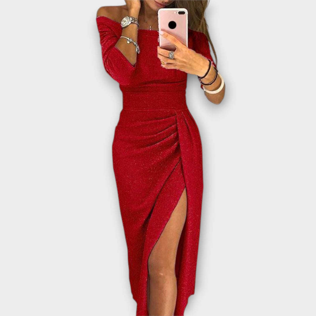 Minjee -  Off Shoulder Ruched Split Midi Dress