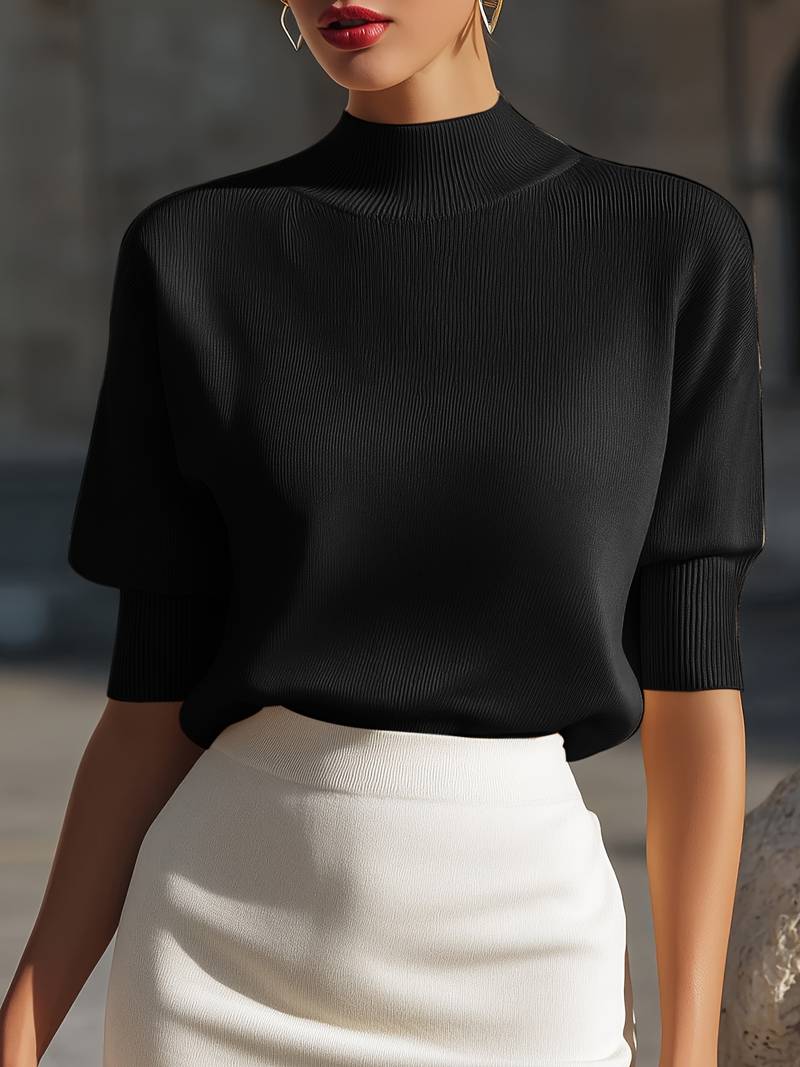 Jenni | Mock Neck Ribbed Short Sleeve Knit Top