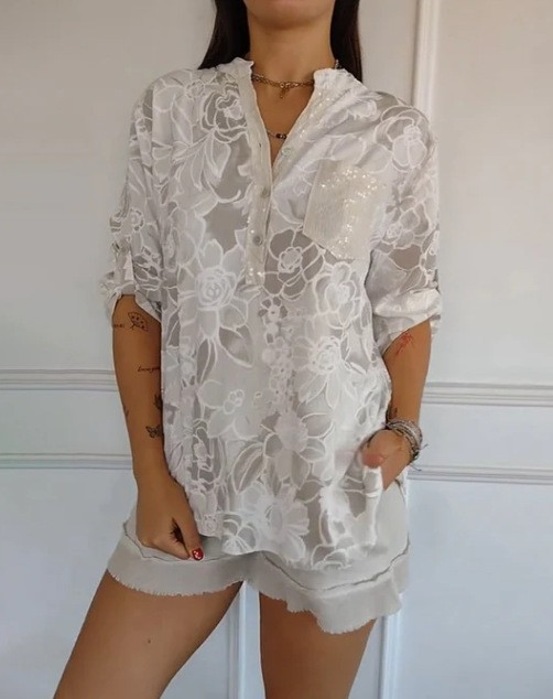 Narese | Blouse Floral Print V-Neck Roll Sleeve