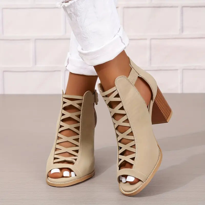 Ruzilya | Peep Toe Lace-Up Chunky Heel Sandals
