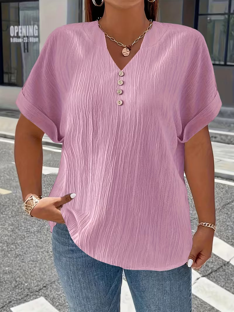 Mrella | T-Shirt with V-Neck Button Front Texture