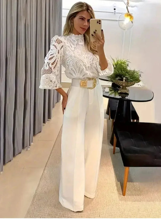 Sherrie | Two Piece Lace Top Wide Leg Trouser Set