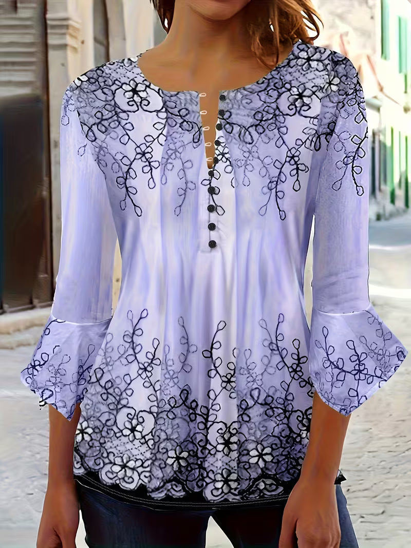 Mesley | Floral Print Round Neck Button Blouse
