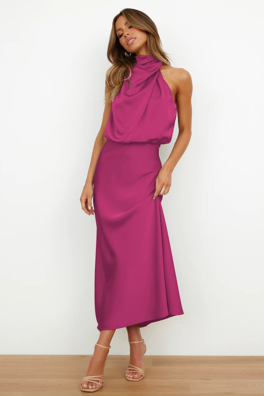 Kangana | Sleeveless High Neck Satin Maxi Dress
