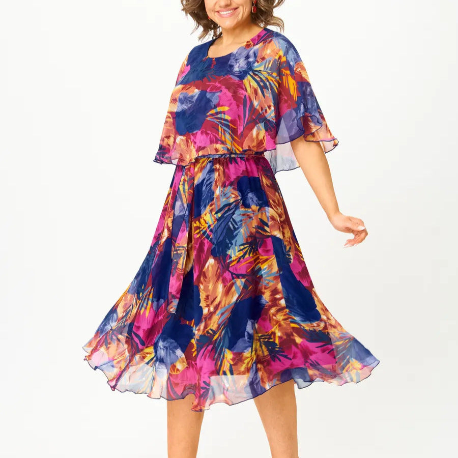 Catarina | Floral Print Layered Sleeve Midi Dress
