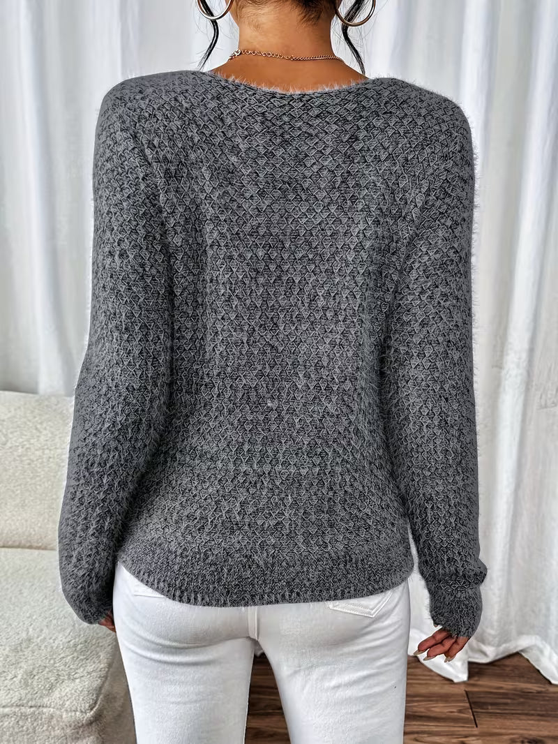 Aderah | Textured V-Neck Long Sleeve Knit Sweater
