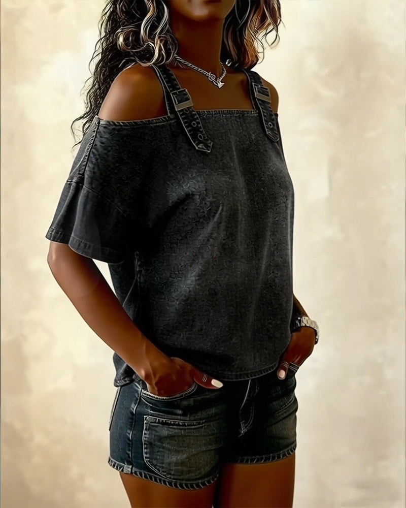 Yamara | Denim-Style Cold Shoulder Strap Top