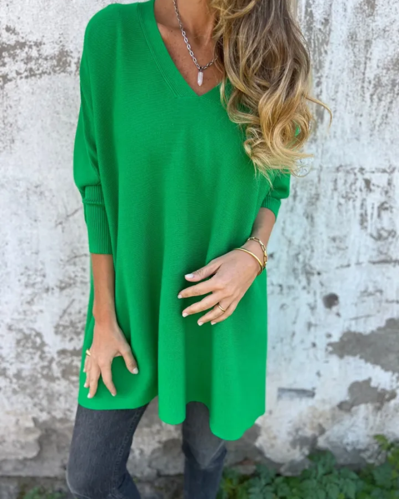 Cathryn | Oversized V-Neck Knitted Longline Top