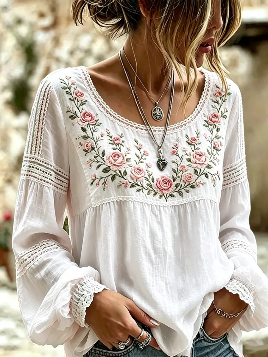 Esraa | Floral Embroidered Long Sleeve Blouse