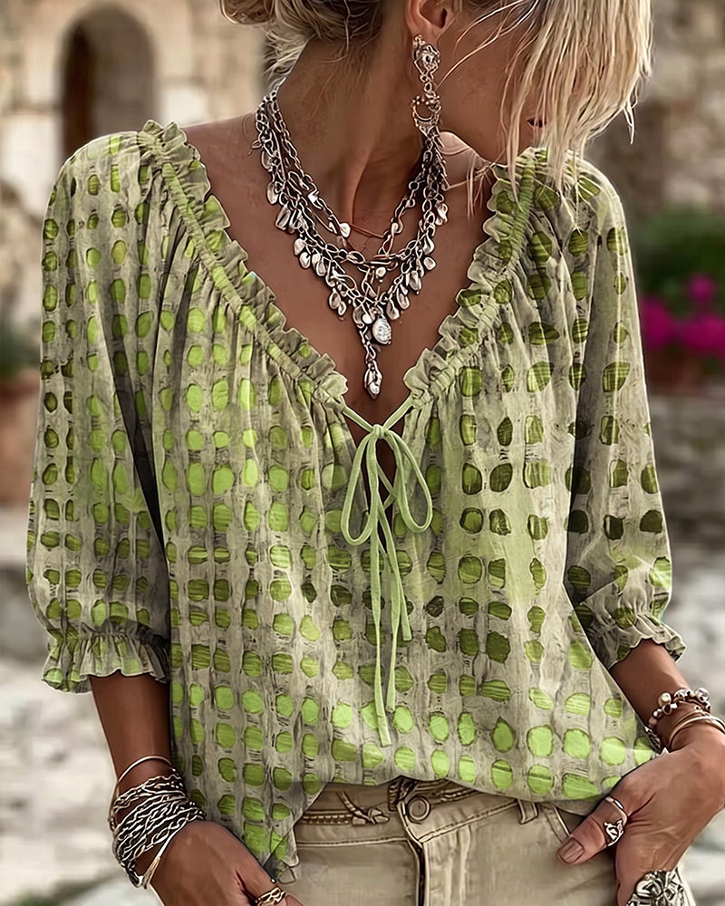 Kesney | Printed Tie Neck Peasant Blouse