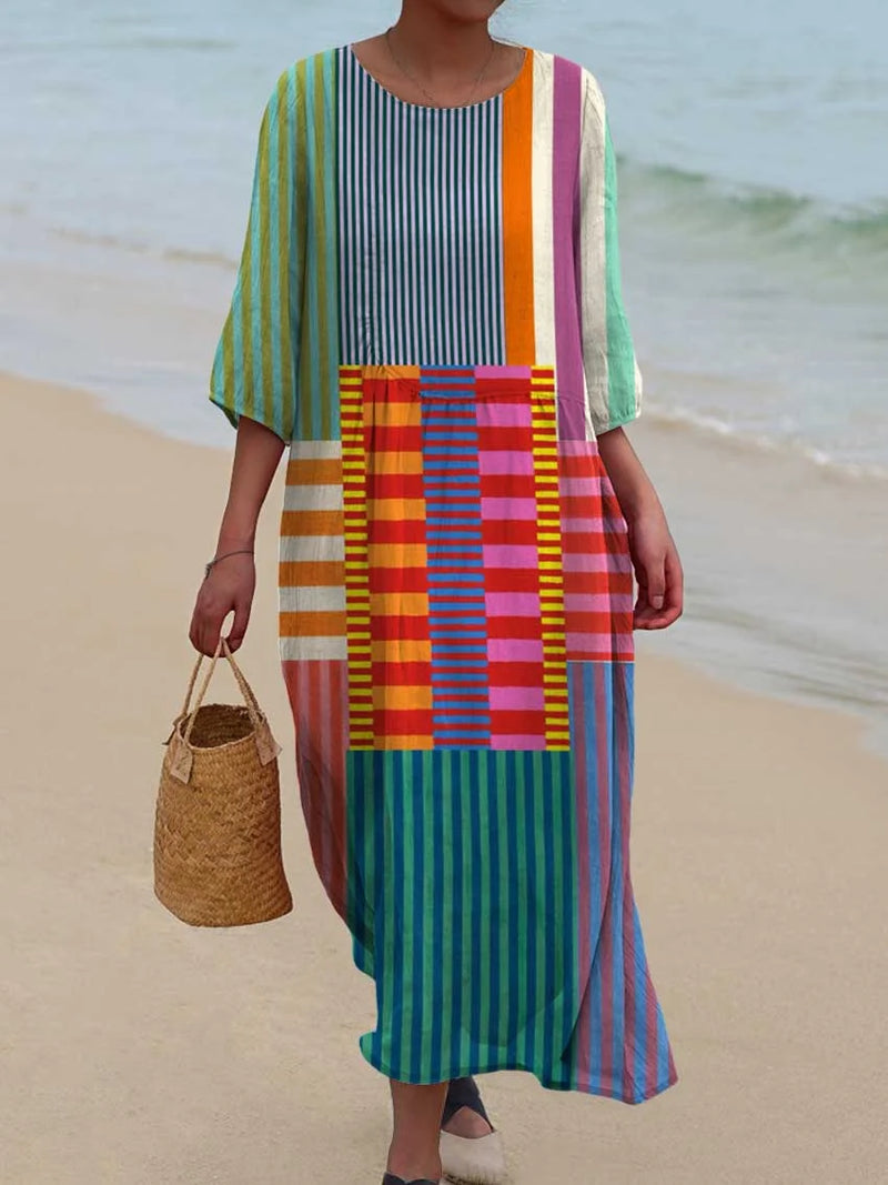 Slavko | Vintage Geometric Pattern V Neck Dress