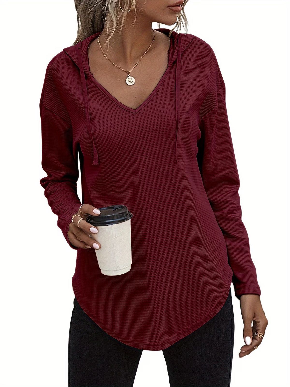 Laurette | Long Sleeve V-Neck Hoodie with Hood