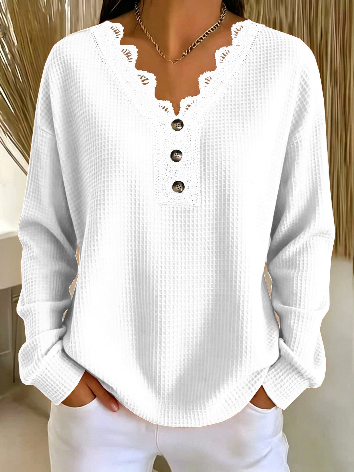 Brigeaia | Long Sleeve Lace Top with Button Front