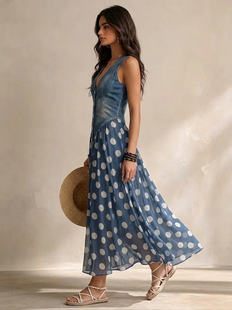 Vylina | Dress Sleeveless Denim Polka Dot Chiffon Maxi
