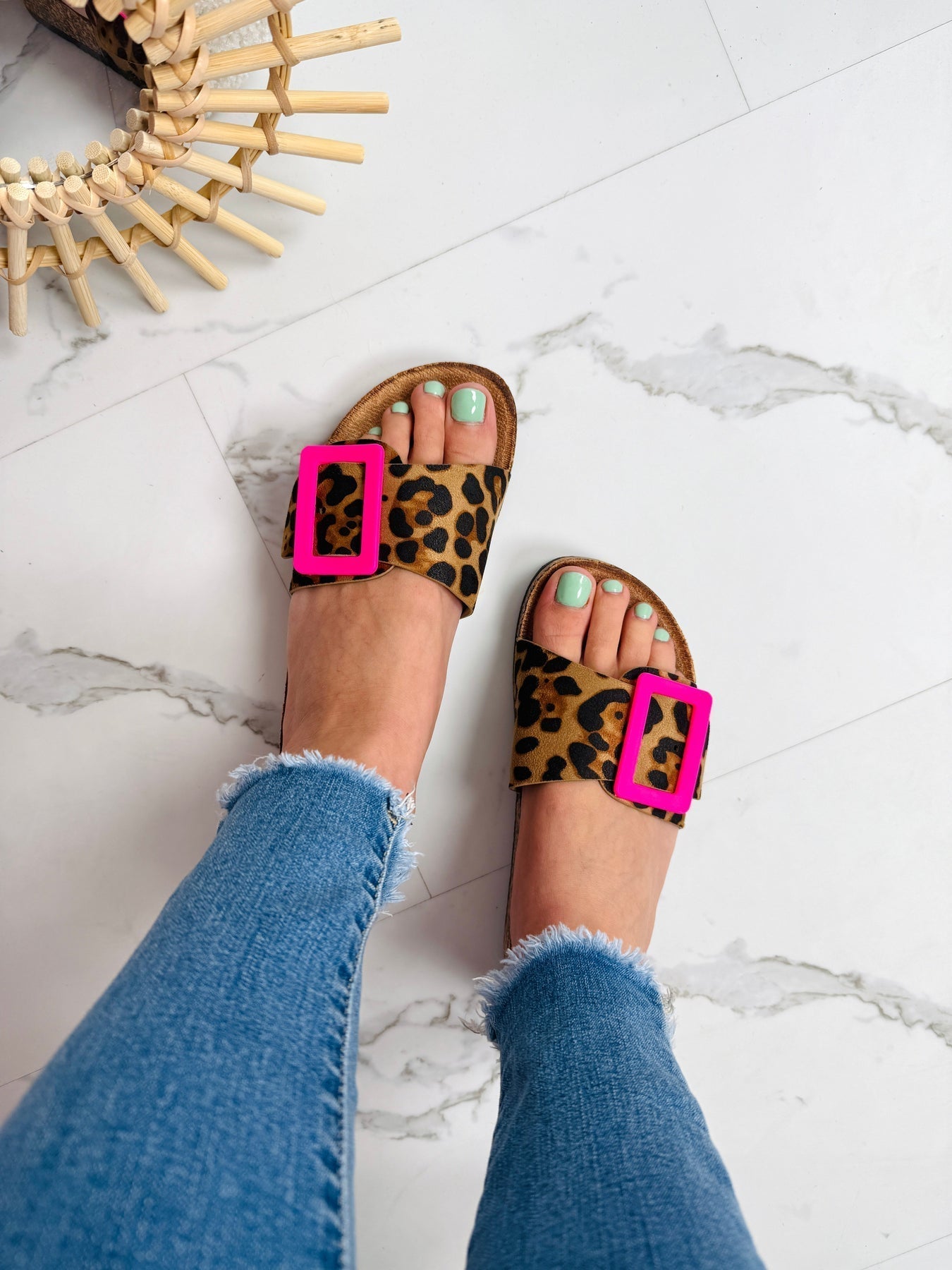 Nihya - Leopard Print Buckle Strap Slide Sandals
