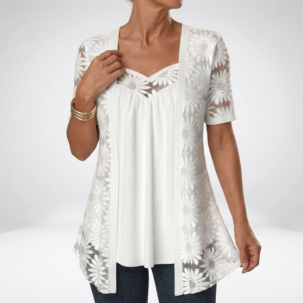 Linnia | Tunic Top White Floral Lace Overlay