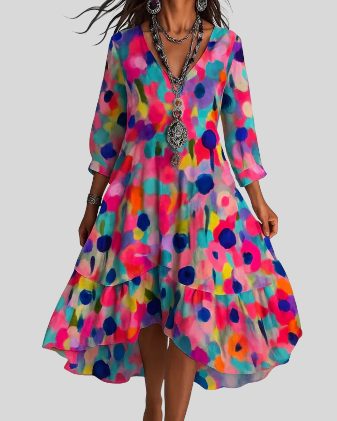 Debra | Multicolor Polka Dot V-Neck Dress