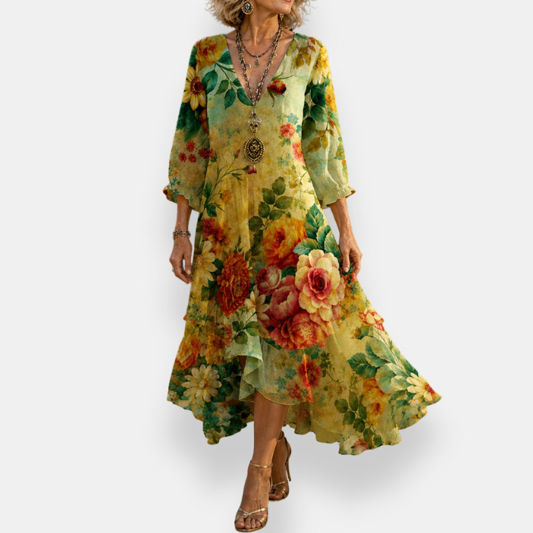 Emila | Floral V-Neck Three-Quarter Sleeve Maxi Dress