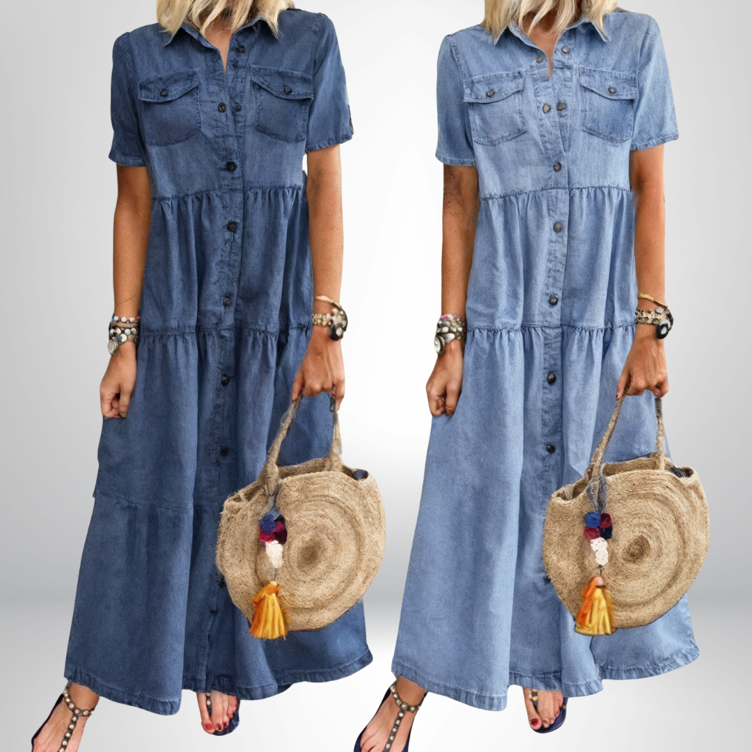 Leokadia | Denim Style Short Sleeve Shirt Dress