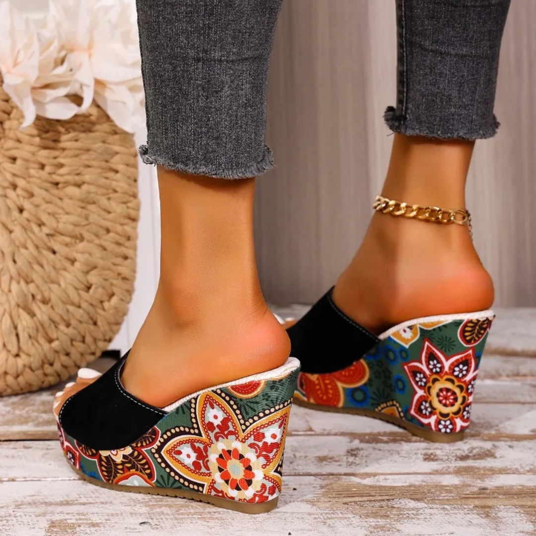 Laerke - Floral Print Platform Wedge Slide Sandals
