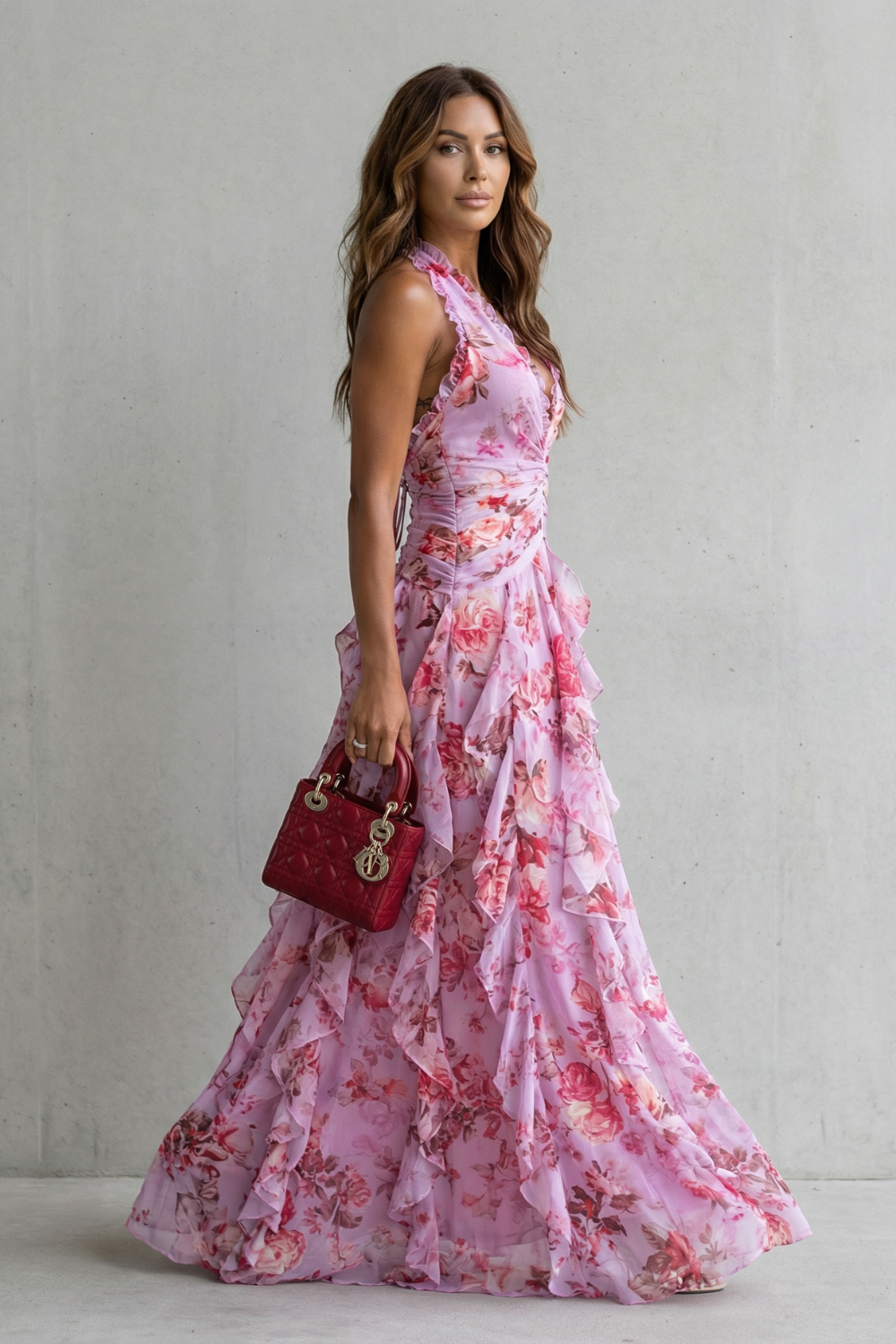 Eliora | Floral Halter Neck Ruffle Maxi Dress