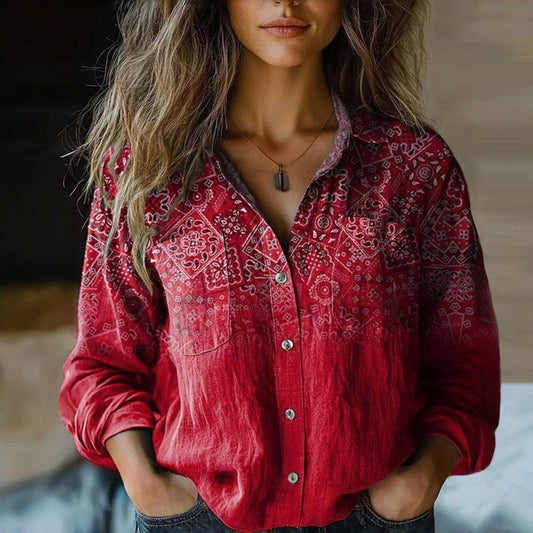 Morena | Blouse Red Printed Button Front Top