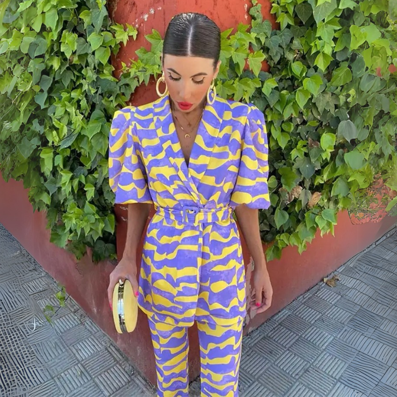 Missy | Printed Puff Sleeve Belted Pants Set