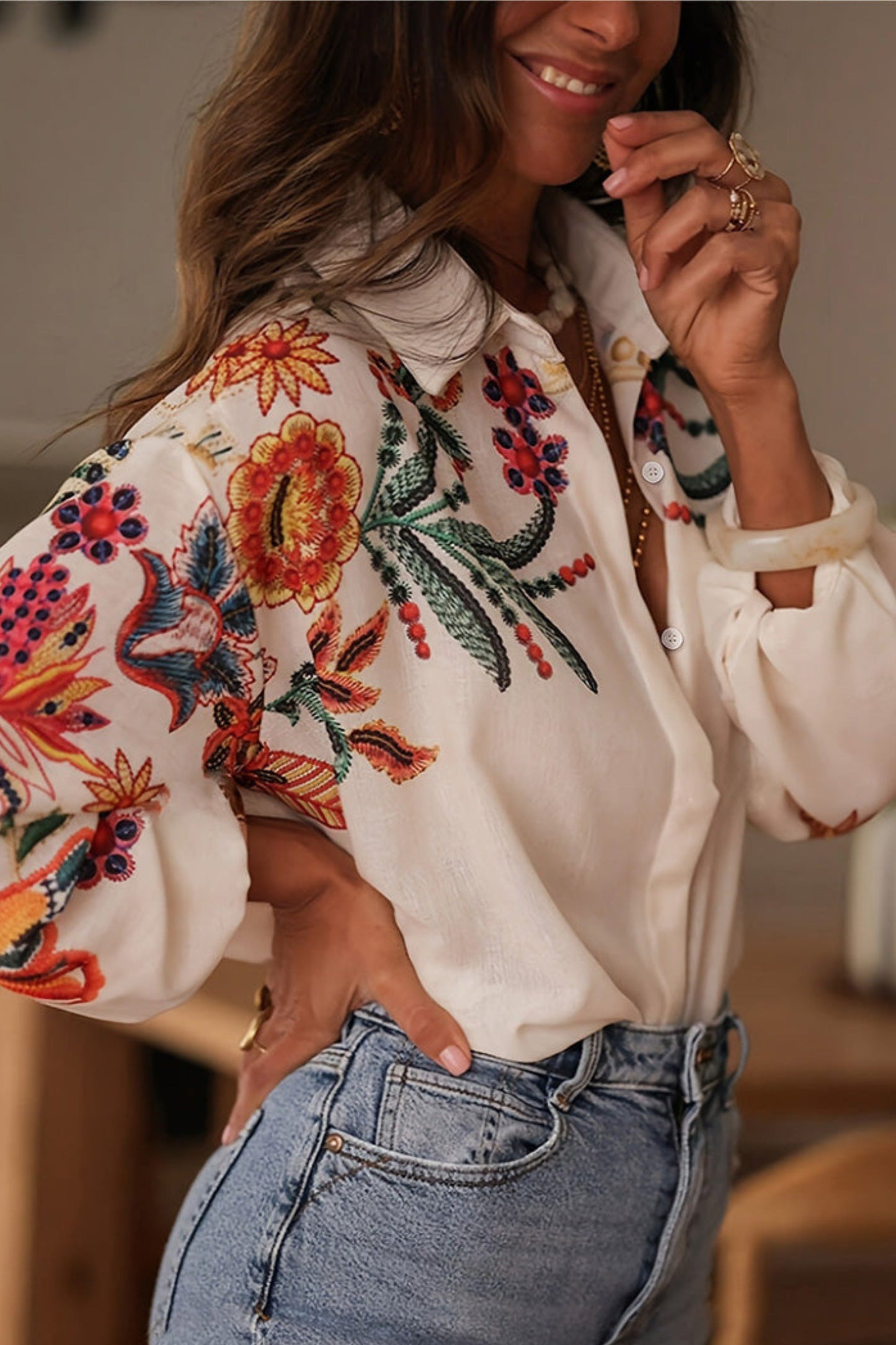 Mariluna | Floral Print Long Sleeve Button Shirt
