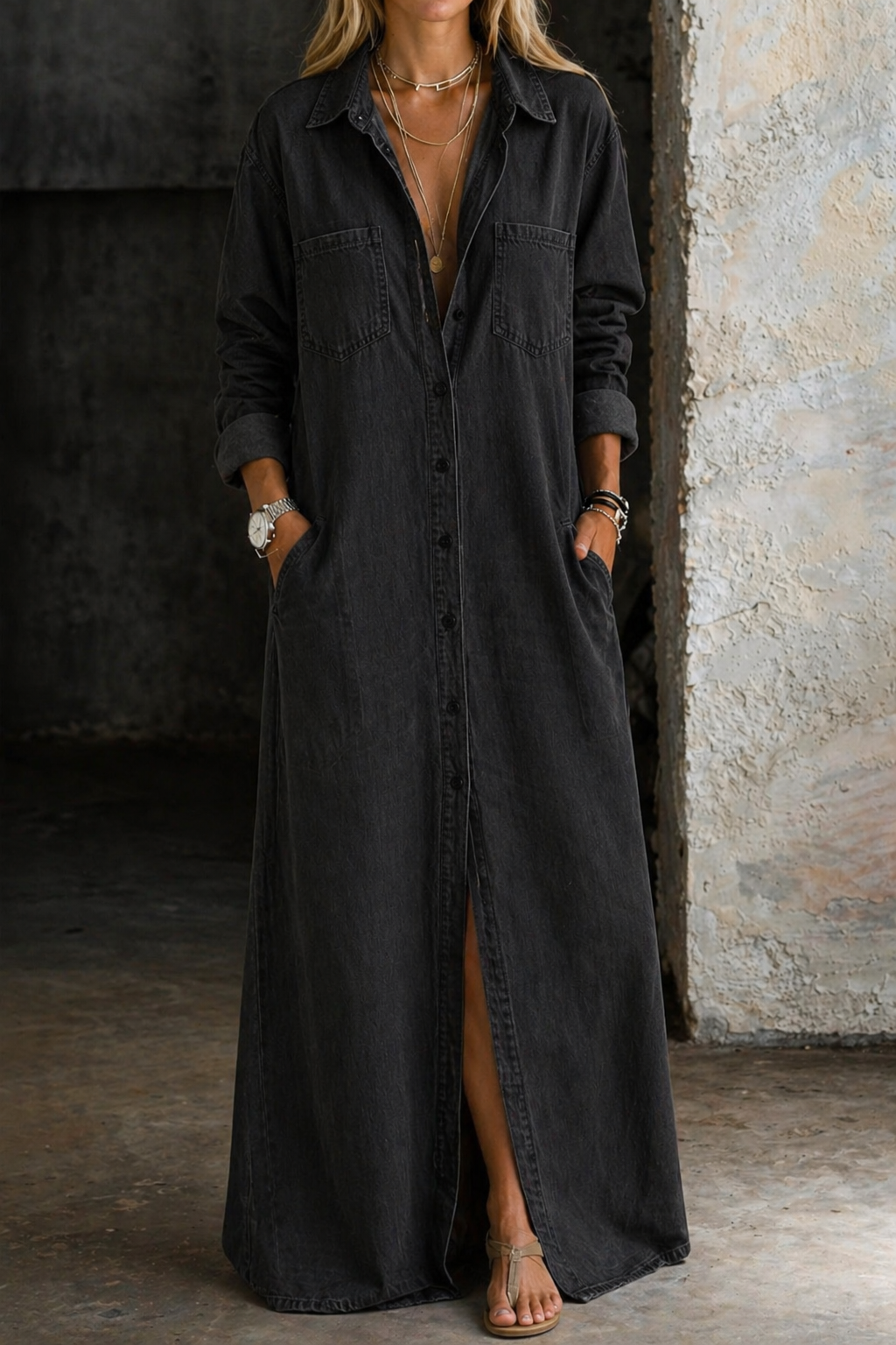 Noshina | Maxi Shirt Dress Button Front Long Sleeve