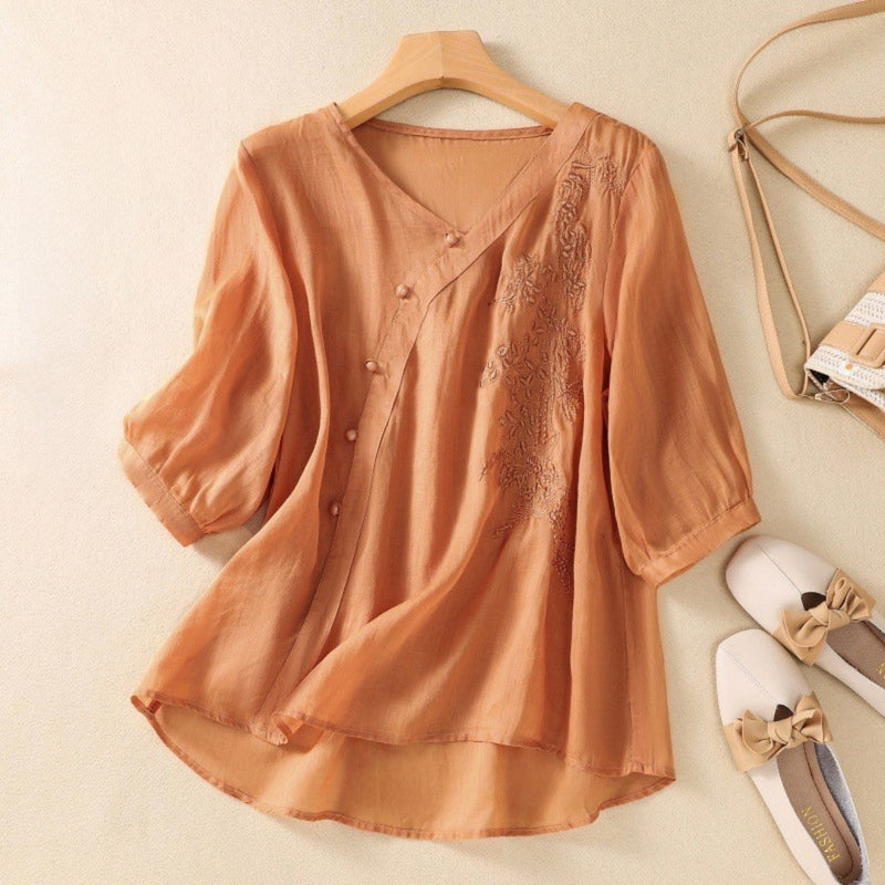 Loreen - Asymmetrical Button 3/4 Sleeve Tunic Blouse