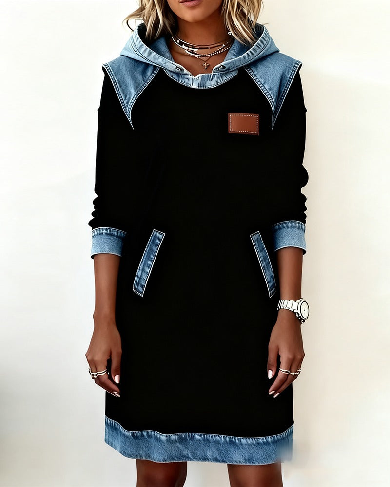 Viktoria - Hooded Denim Trim Sweatshirt Dress