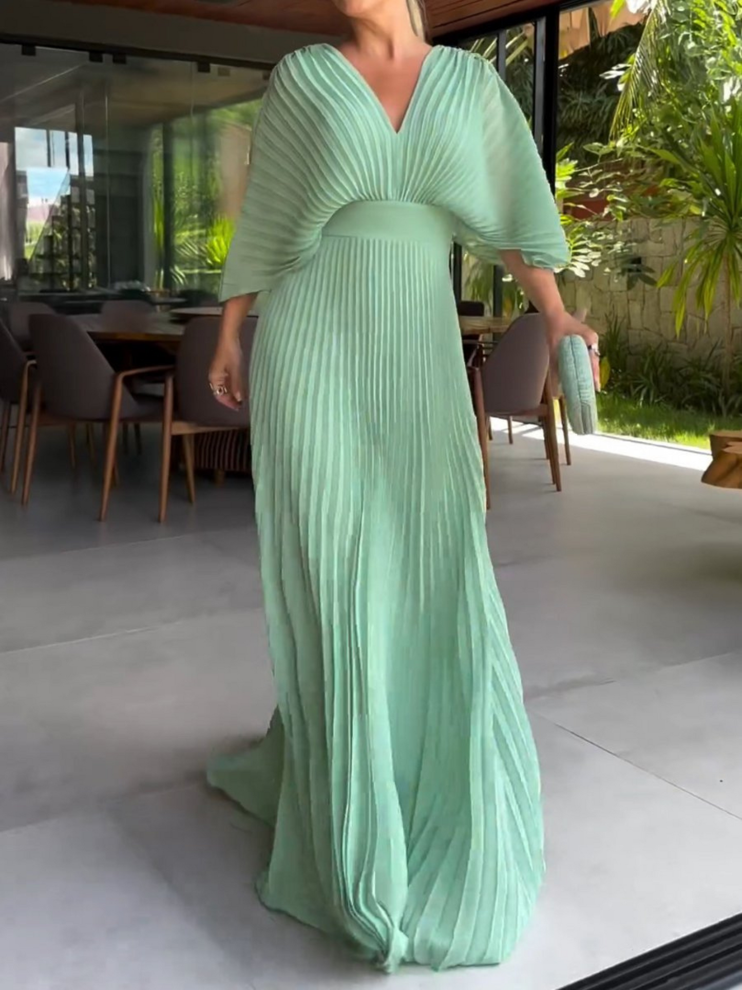 Valerija - Pleated V Neck Maxi Dress Short Sleeve