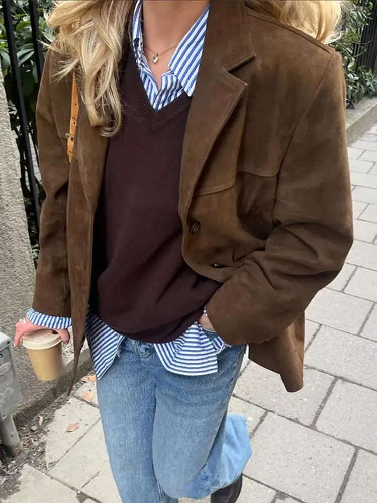 Gladyis | Jacket Brown Long Sleeve Button Front Suede-Like