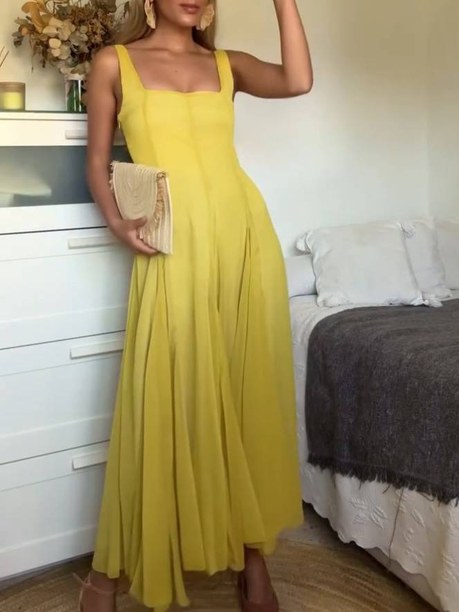 Solmaz | Yellow Square Neck Maxi Dress