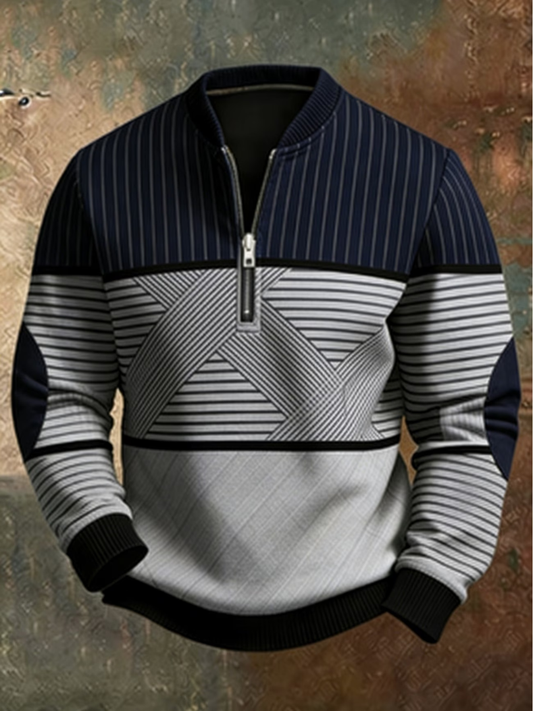 Theous | Long Sleeve Striped Sweater with Half Zip