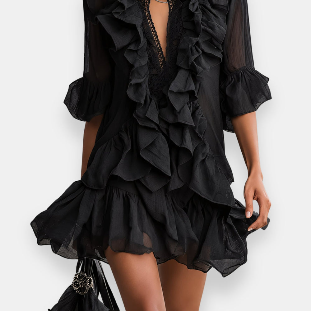 Lussina | Short Ruffle Trim V-Neck Mini Dress