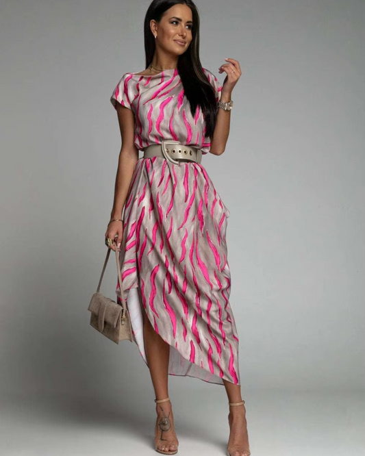 Angie - Asymmetric Printed Midi Dress Belted